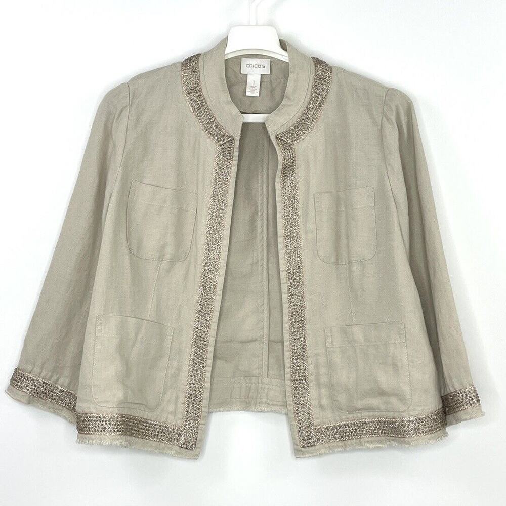 Chico’s Size 1 Women’s 8/M Linen Jacket Metallic Bead Trim Khaki Raw Hem